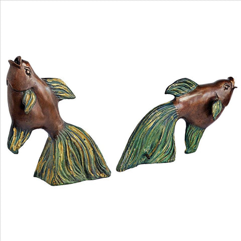 Set Of 2 Betta Fish Spitter Bronze Statues