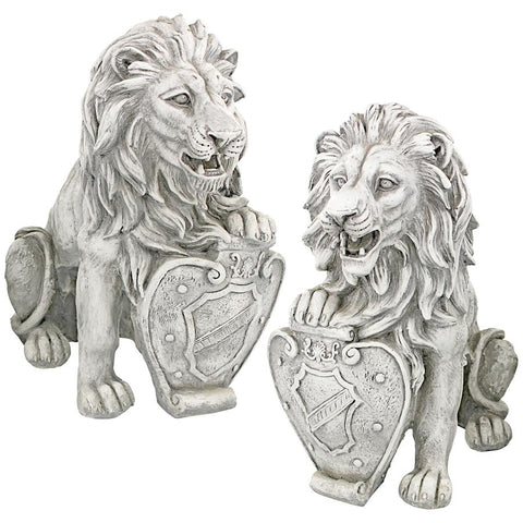 S/2 CLASSIC LIONS WITH SHIELDS SENTRY STATUES