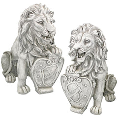 S/2 CLASSIC LIONS WITH SHIELDS SENTRY STATUES