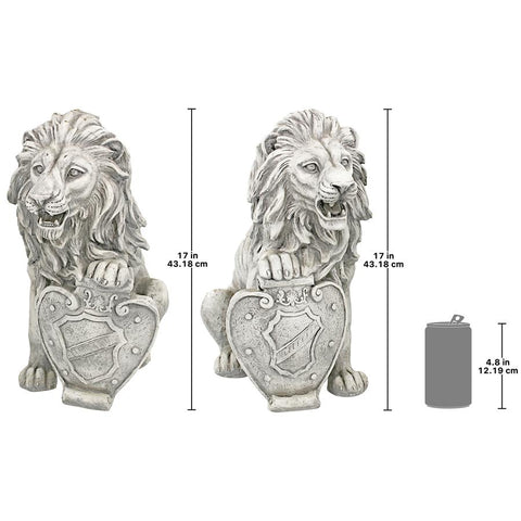S/2 CLASSIC LIONS WITH SHIELDS SENTRY STATUES