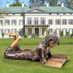 YOUNG SCHOLAR READING GIRL BRONZE STATUE