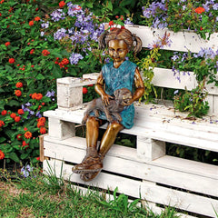 Sitting Savannah Girl With Dog Bronze