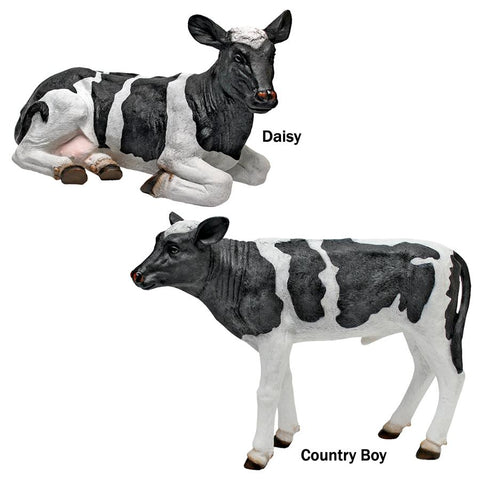 Set Of Daisy & Country Boy Cow Statues